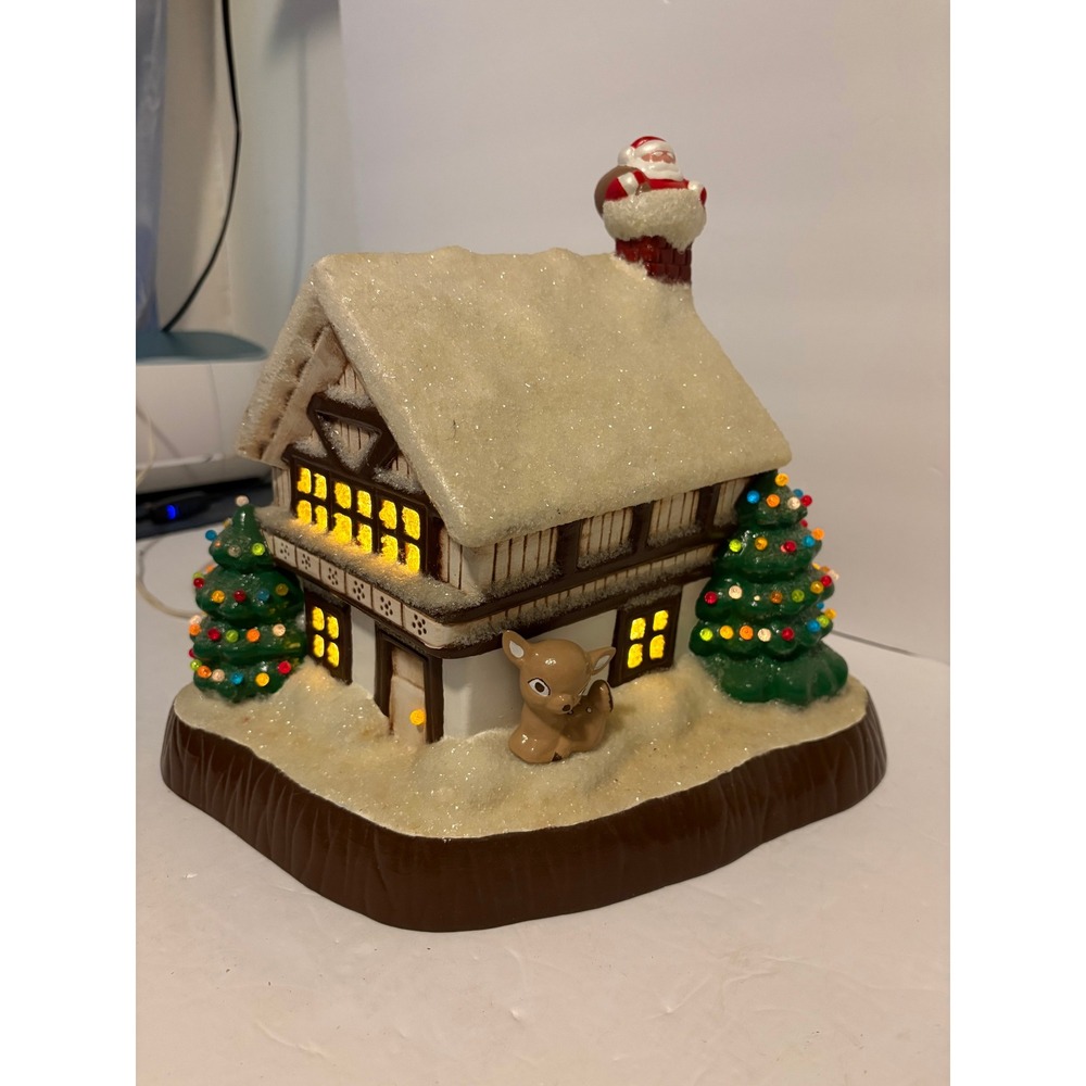 Vintage Lighted Ceramic Christmas House Santa Deer Snow‎ Chalet Decor